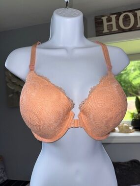 Victoria's Secret Peach Lace Push-Up Bra with Pink Crisscross Straps
